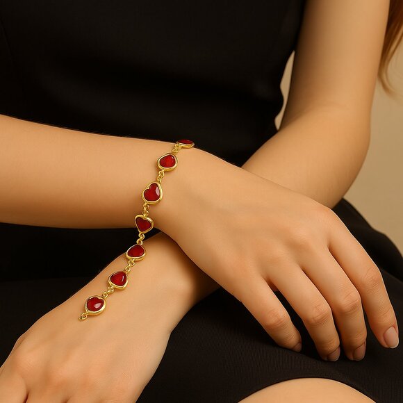 None Jewelry - Heart Charm Bracelet Gold Tone Chain Adjustable to 9 Inches Red New